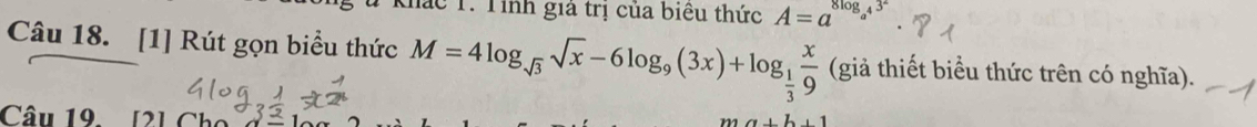 Khác 1. Tính giả trị của biêu thức A=a^(8log _a)4
Câu 18. [1] Rút gọn biểu thức M=4log _sqrt(3)sqrt(x)-6log _9(3x)+log _ 1/3  x/9  (giả thiết biểu thức trên có nghĩa). 
Câu 19. [2] Chc
a+b+1