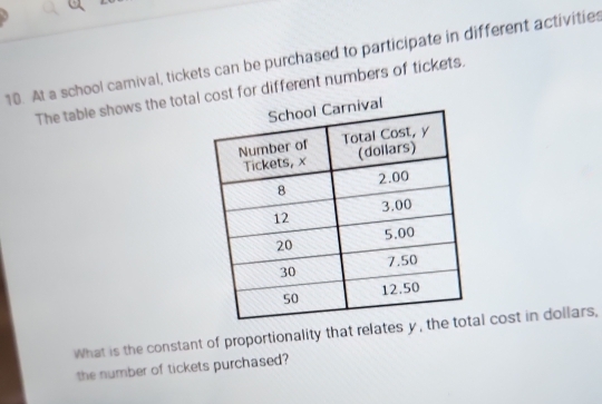 At a school camival, tickets can be purchased to participate in different activities 
The table shows the total cost for different numbers of tickets. 
What is the constant of proportionality that relates l cost in dollars, 
the number of tickets purchased?