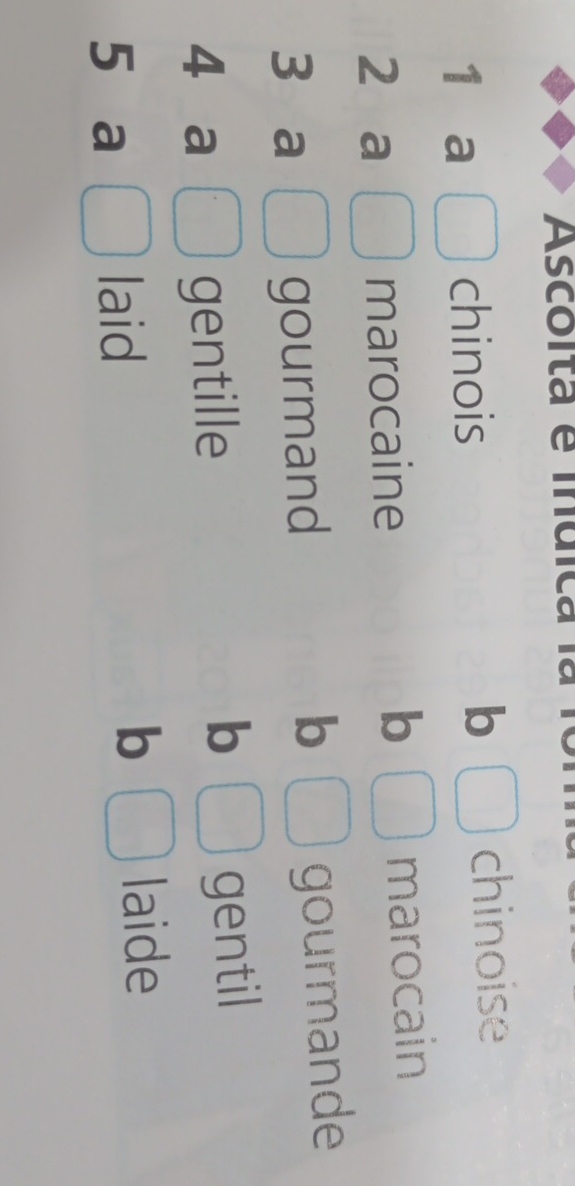 Ascoita é inuca 1 
b 
1 a chinois chinoise 
b 
2 a marocaine marocain 
3 a gourmand 
b gourmande 
4 a gentille 
b gentil 
5 a laid b 
laide