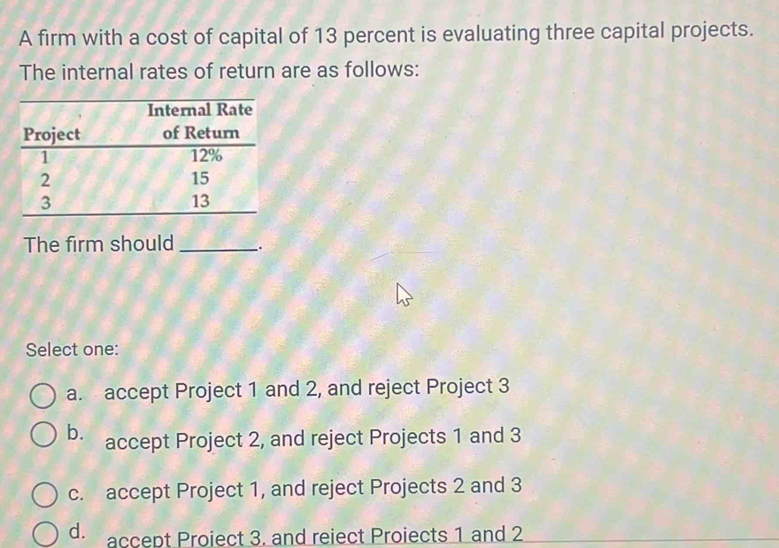 A firm with a cost of capital of 13 percent is evaluating three capital projects.
The internal rates of return are as follows:
The firm should_
Select one:
a. accept Project 1 and 2, and reject Project 3
b. accept Project 2, and reject Projects 1 and 3
c. accept Project 1, and reject Projects 2 and 3
d. accept Proiect 3. and reiect Proiects 1 and 2