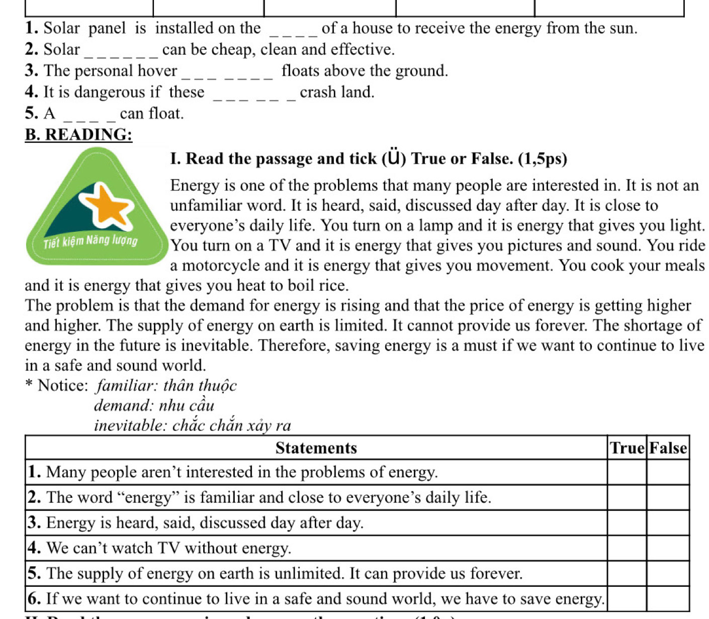 Solar panel is installed on the _of a house to receive the energy from the sun. 
2. Solar _can be cheap, clean and effective. 
3. The personal hover_ floats above the ground. 
4. It is dangerous if these _crash land. 
_ 
5. A can float. 
B. READING: 
. Read the passage and tick (Ü) True or False. (1,5ps) 
Energy is one of the problems that many people are interested in. It is not an 
unfamiliar word. It is heard, said, discussed day after day. It is close to 
everyone’s daily life. You turn on a lamp and it is energy that gives you light. 
You turn on a TV and it is energy that gives you pictures and sound. You ride 
a motorcycle and it is energy that gives you movement. You cook your meals 
and it is energy that gives you heat to boil rice. 
The problem is that the demand for energy is rising and that the price of energy is getting higher 
and higher. The supply of energy on earth is limited. It cannot provide us forever. The shortage of 
energy in the future is inevitable. Therefore, saving energy is a must if we want to continue to live 
in a safe and sound world. 
* Notice: familiar: thân thuộc 
demand: nhu cầu