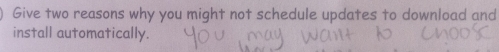 Give two reasons why you might not schedule updates to download and 
install automatically.