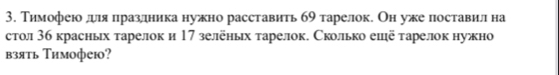 Тимофеюо лдιя лразлдника нужно расставить б9 тарелок. Он уже поставил на 
стол 3б красных тарелок и 17 зелёных тарелок. Сколько ешё тарелок нужно 
взять ТΤимофеi?