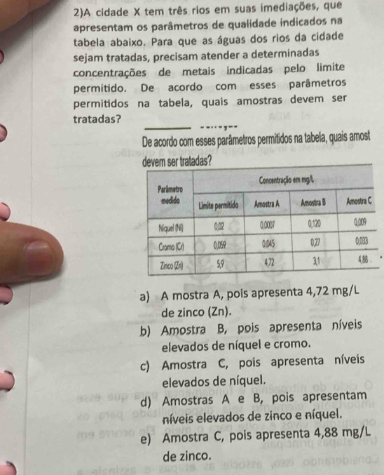 2)A cidade X tem três rios em suas imediações, que
apresentam os parâmetros de qualidade indicados na
tabela abaixo. Para que as águas dos rios da cidade
sejam tratadas, precisam atender a determinadas
concentrações de metais indicadas pelo limite
permitido. De acordo com esses parâmetros
permitidos na tabela, quais amostras devem ser
_
_
tratadas?
De acordo com esses parâmetros permitidos na tabela, quais amost
ser tratadas?
a) A mostra A, pois apresenta 4,72 mg/L
de zinco (Zn).
b) Amostra B, pois apresenta níveis
elevados de níquel e cromo.
c) Amostra C, pois apresenta níveis
elevados de níquel.
d) Amostras A e B, pois apresentam
níveis elevados de zinco e níquel.
e) Amostra C, pois apresenta 4,88 mg/L
de zinco.