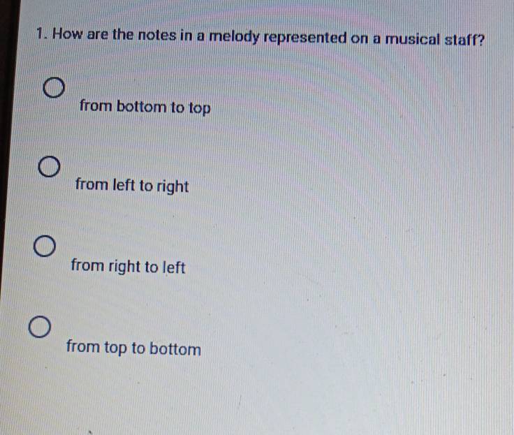 How are the notes in a melody represented on a musical staff?
from bottom to top
from left to right
from right to left
from top to bottom