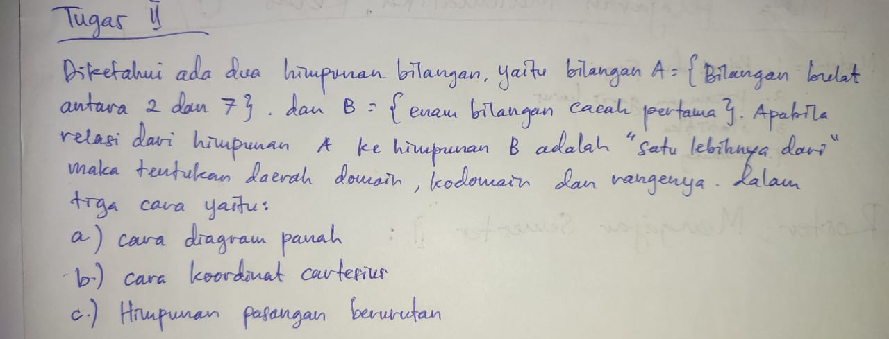 Tugas U 
Bikefahui ada dua hiupuuan bilangan, yaifu bilangan A= (Bilangan lulat 
antura 2 dan 7 daw B= Cenam bilangan eacah perfama3. Apabila 
relasi dari himpuman A ke himpuman B adalah "satu lebinnya dar 
maka tentukan daerah dowain, kodowain dan rangenya. Ralam 
figa cara yaifu: 
a) cara diagram paual 
b ) cara koordinat carferiur 
c. ) Himpuman pasangan beurutan