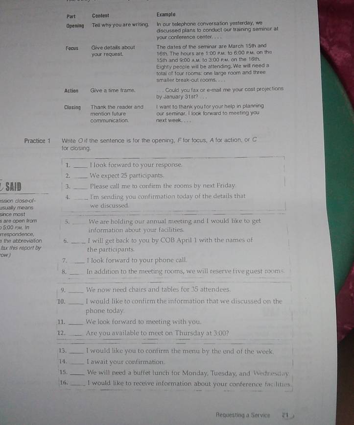 Part Content Example 
Opening_Tell why you are writing. In our telephone conversation yesterday, we 
discussed plans to conduct our training seminar at 
your conference center. . . . 
Focus Give details about The dates of the seminar are March 15th and 
1:00 
your request. 16th. The hours are ∩ a m. to 3:00 P.M. to f :0 0 Pm. on the 
15th and 9 a PM. on the 16th. 
Eighty people will be attending. We will need a 
total of four rooms: one large room and three 
smaller break-out rooms. . . . 
Action Give a time frame. Could you fax or e-mail me your cost projections 
by January 31st? 
Closing Thank the reader and I want to thank you for your help in planning 
mention future our seminar. I look forward to meeting you 
communication. next week . . . . 
Practice 1 Write O if the sentence is for the opening, F for focus, A for action, or C 
for closing. 
1. _I look forward to your response. 
2. _We expect 25 participants. 
SAID 3. _Please call me to confirm the rooms by next Friday 
ssion close of- 4. _I'm sending you confirmation today of the details that 
usually means we discussed. 
since most 
s are open from 5. _We are holding our annual meeting and I would like to get 
5:00 em. In 
rrespondence, information about your facilities. 
e the abbreviation 6. _I will get back to you by COB April 1 with the names of 
fax this report by the participants 
ow ) 
7. _I look forward to your phone call. 
8. _In addition to the meeting rooms, we will reserve tive guest rooms 
9. _We now need chairs and tables for 35 attendees. 
10. _I would like to confirm the information that we discussed on the 
phone today. 
11. _We look forward to meeting with you. 
12. _Are you available to meet on Thursday at 3:00 2 
13. _I would like you to confirm the menu by the end of the week, 
14. _I await your confirmation. 
15. _We will need a buffet lunch for Monday, Tuesday, and Wednesday. 
16. _I would like to receive information about your conference facilities 
Requesting a Service