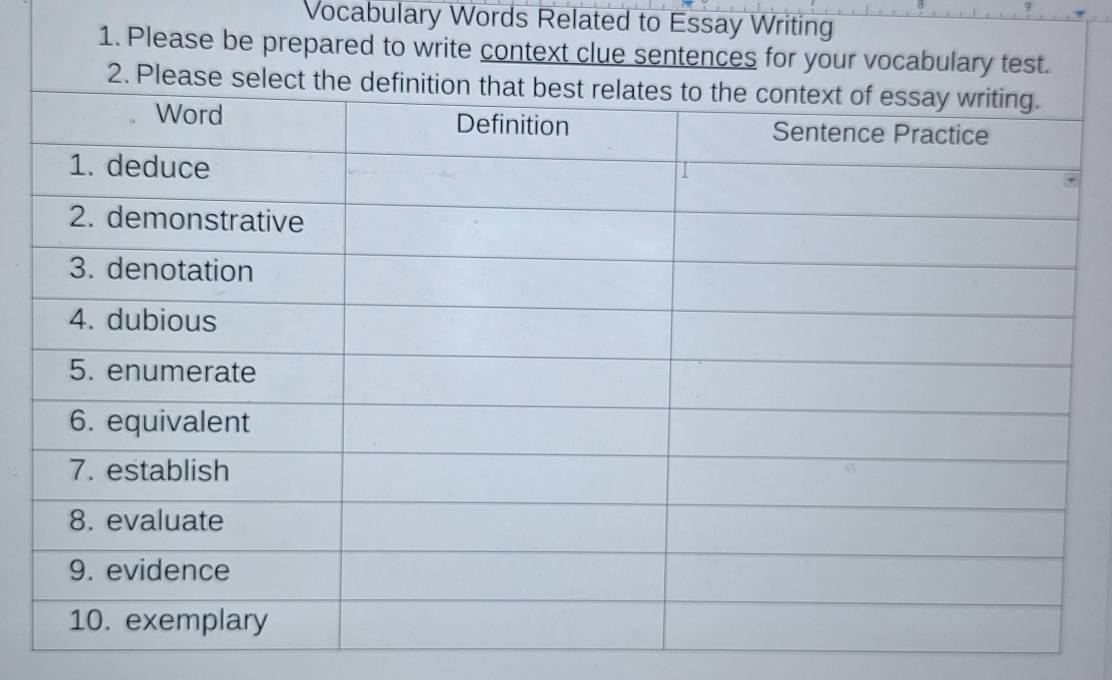 Vocabulary Words Related to Essay Writing