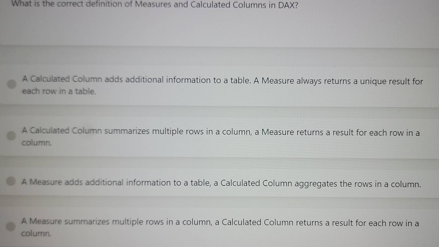 Solved: What is the correct definition of Measures and Calculated ...