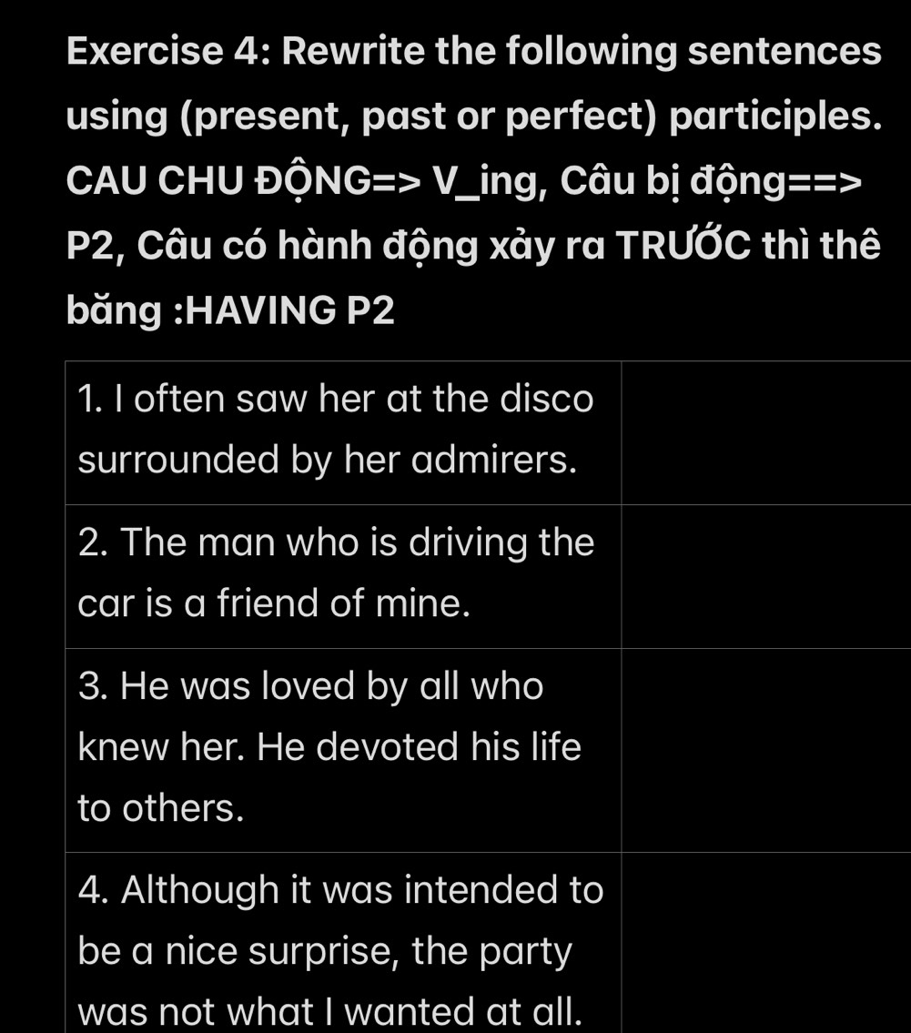 Rewrite the following sentences 
using (present, past or perfect) participles. 
CAU CHU ĐỘNG=> V_ing, Câu bị động==>
P2, Câu có hành động xảy ra TRƯỚC thì thê 
băng :HAVING P2
1. I often saw her at the disco 
surrounded by her admirers. 
2. The man who is driving the 
car is a friend of mine. 
3. He was loved by all who 
knew her. He devoted his life 
to others. 
4. Although it was intended to 
be a nice surprise, the party 
was not what I wanted at all.