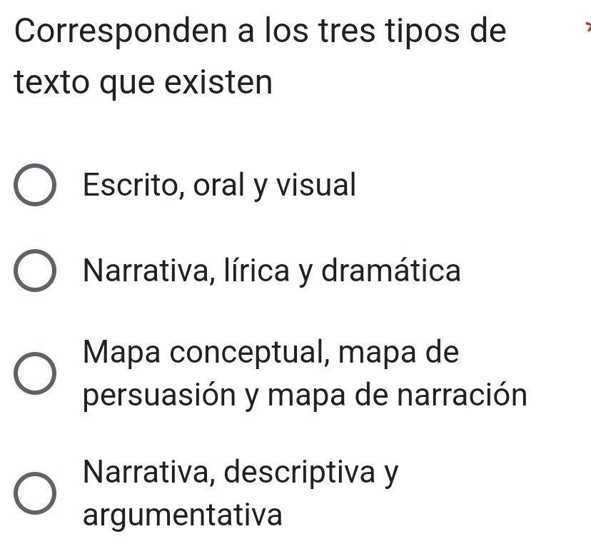 Corresponden a los tres tipos de
texto que existen
Escrito, oral y visual
Narrativa, lírica y dramática
Mapa conceptual, mapa de
persuasión y mapa de narración
Narrativa, descriptiva y
argumentativa