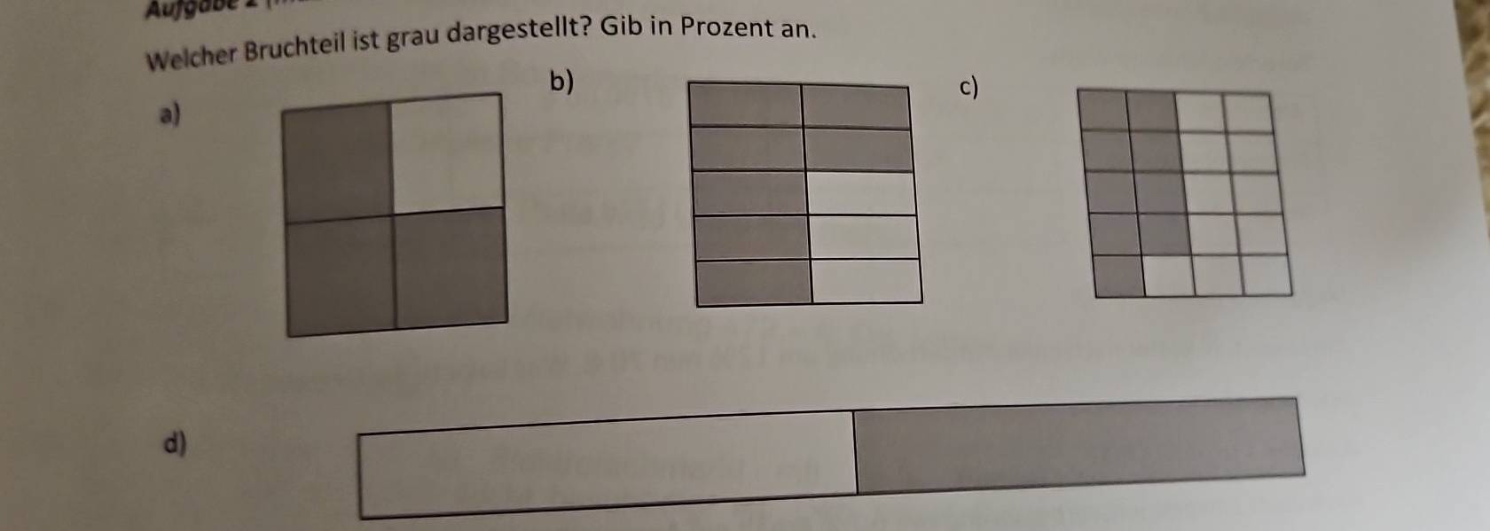 Aufgabe 
Welcher Bruchteil ist grau dargestellt? Gib in Prozent an. 
b) 
c) 
a) 
d)