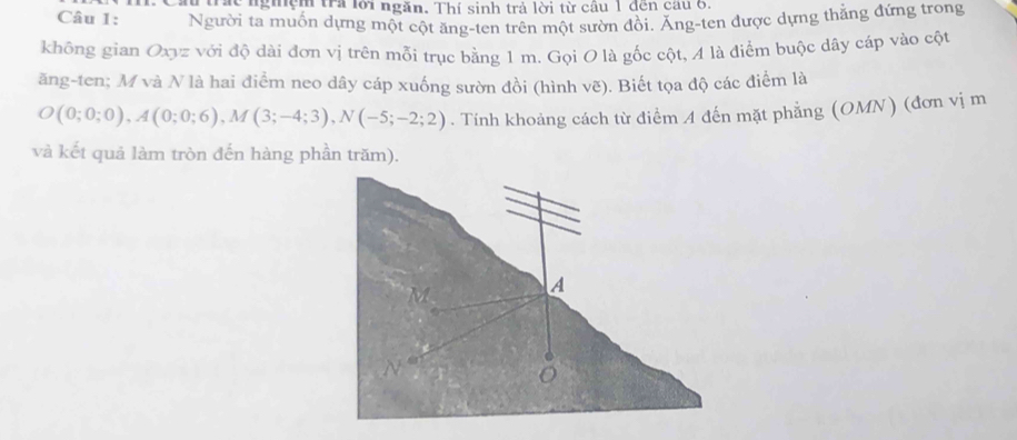 ư trắc nghệm tra lới ngăn. Thí sinh trả lời từ câu 1 đến cầu ở, 
Câu 1: Người ta muốn dựng một cột ăng-ten trên một sườn đồi. Áng-ten được dựng thẳng đứng trong 
không gian Oxyz với độ dài đơn vị trên mỗi trục bằng 1 m. Gọi O là gốc cột, A là điểm buộc dây cáp vào cột 
ăng-ten; M và N là hai điểm neo dây cáp xuống sườn đồi (hình vẽ). Biết tọa độ các điểm là
O(0;0;0), A(0;0;6), M(3;-4;3), N(-5;-2;2). Tính khoảng cách từ điểm A đến mặt phẳng (OMN) (đơn vị m 
và kết quả làm tròn đến hàng phần trăm).