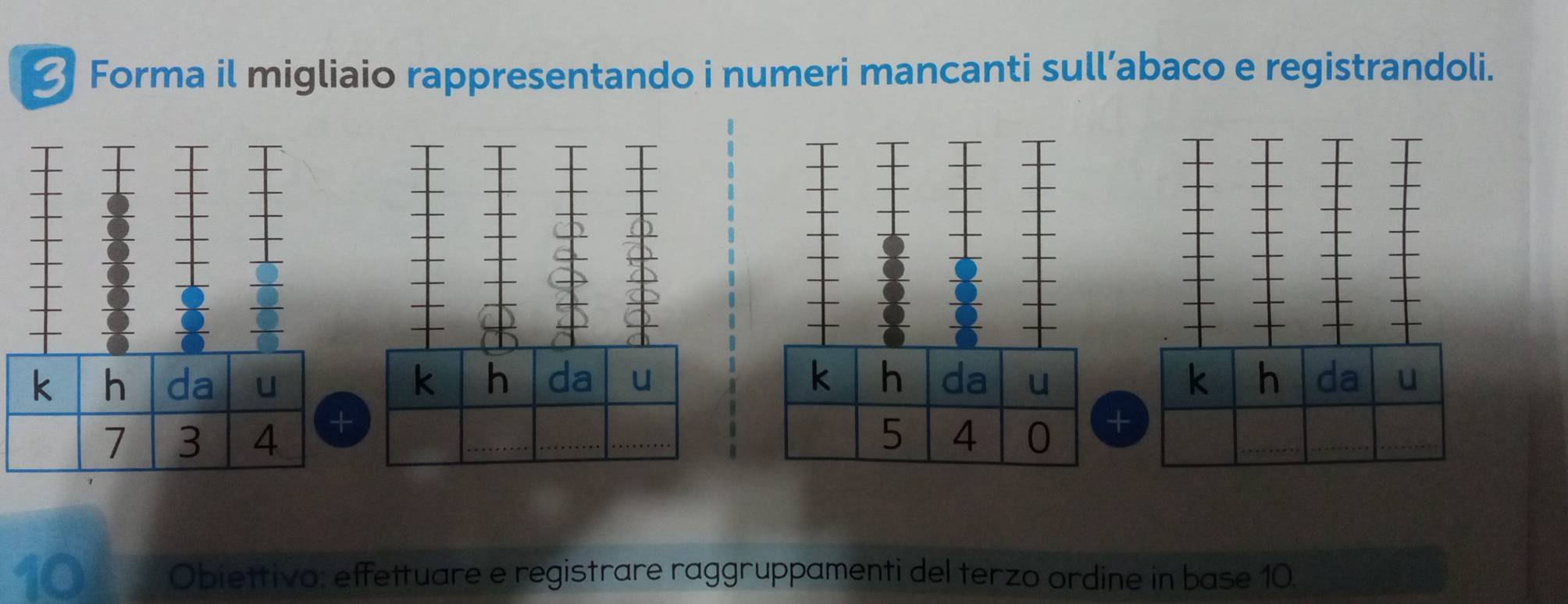 Forma il migliaio rappresentando i numeri mancanti sull’abaco e registrandoli. 

+ 
Obiettivo: effettuare e registrare raggruppamenti del terzo ordine in base 10.