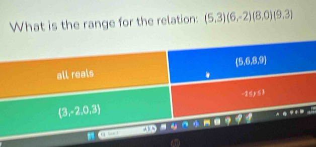 What is the range for the relation: (5,3)(6,-2)(8,0)(9,3)