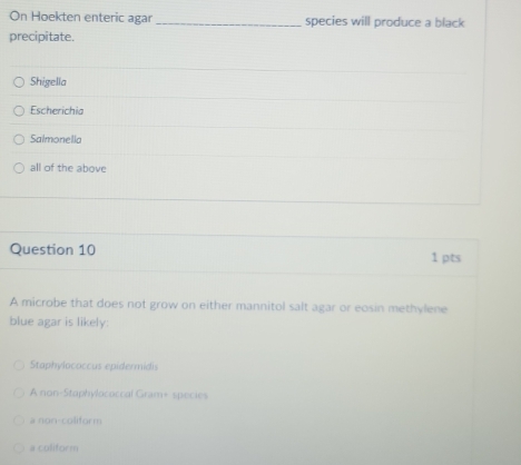 On Hoekten enteric agar _species will produce a black
precipitate.
Shigella
Escherichia
Salmonella
all of the above
Question 10 1 pts
A microbe that does not grow on either mannitol salt agar or eosin methylene
blue agar is likely:
Staphylococcus epidermidis
A non-Staphylocaccal Gram+ species
a non-coliform
a coliform