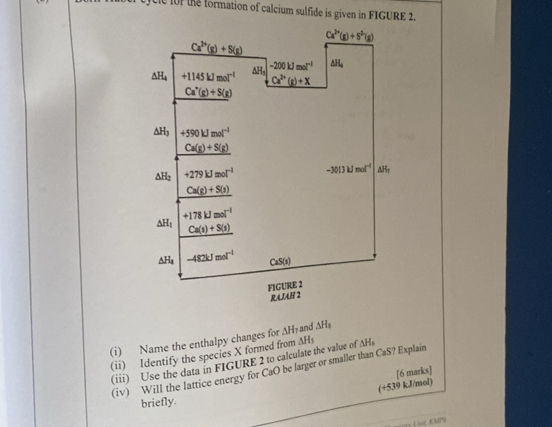 flc for the formation of calcium sulfide is given in FIGURE 2.
(i) Name the enthalpy changes for △ H_7 and △ H_8
(ii) Identify the species X formed from △ H_5
(iii) Use the data in FIGURE 2 to calculate the value of AH。
(iv) Will the lattice energy for CaO be larger or smaller than CaS? Explain
(+539 kJ/mol) [6 marks]
briefly.
*  Unit KMPR