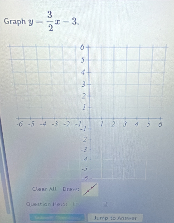 Graph y= 3/2 x-3. 
Clear All Draw: 
Question Help: 
Se chowr Jump to Answer