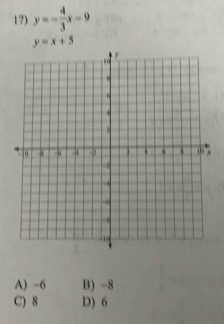 y=- 4/3 x-9
y=x+5
A) -6 B) -8
C) 8 D) 6