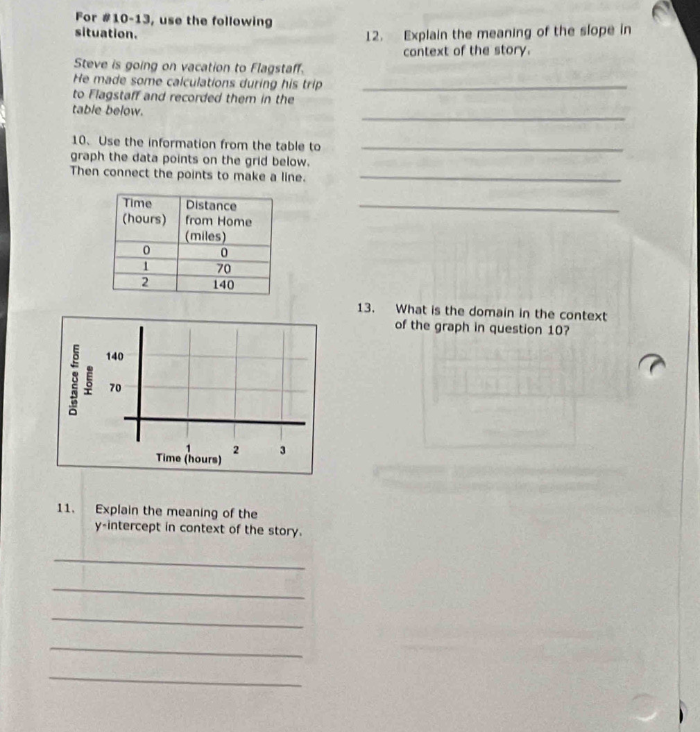 For #10-13, use the following 
situation. 12. Explain the meaning of the slope in 
context of the story. 
Steve is going on vacation to Flagstaff. 
He made some calculations during his trip_ 
to Flagstaff and recorded them in the 
_ 
table below. 
10、 Use the information from the table to_ 
graph the data points on the grid below. 
Then connect the points to make a line._ 
_ 
13. What is the domain in the context 
of the graph in question 10?
140
ξ 70
2 3
Time (hours) 
11. Explain the meaning of the 
y-intercept in context of the story. 
_ 
_ 
_ 
_ 
_