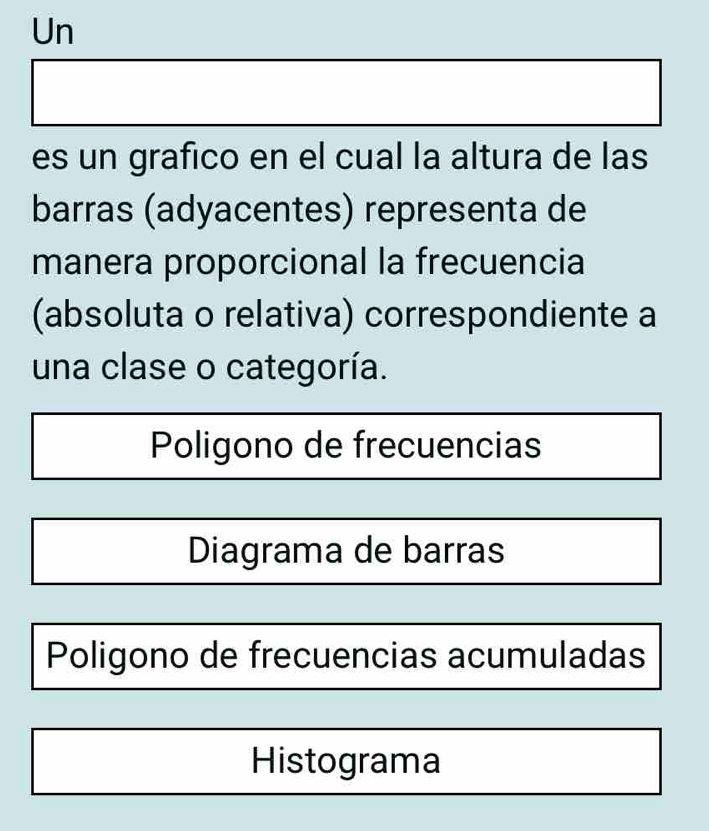 Un
es un grafico en el cual la altura de las
barras (adyacentes) representa de
manera proporcional la frecuencia
(absoluta o relativa) correspondiente a
una clase o categoría.
Poligono de frecuencias
Diagrama de barras
Poligono de frecuencias acumuladas
Histograma