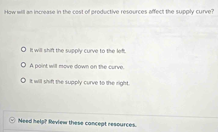 How will an increase in the cost of productive resources affect the supply curve?
It will shift the supply curve to the left.
A point will move down on the curve.
It will shift the supply curve to the right.
Need help? Review these concept resources.