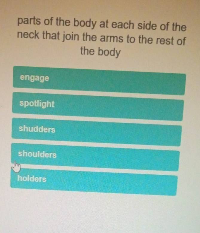 parts of the body at each side of the
neck that join the arms to the rest of
the body
engage
spotlight
shudders
shoulders
holders