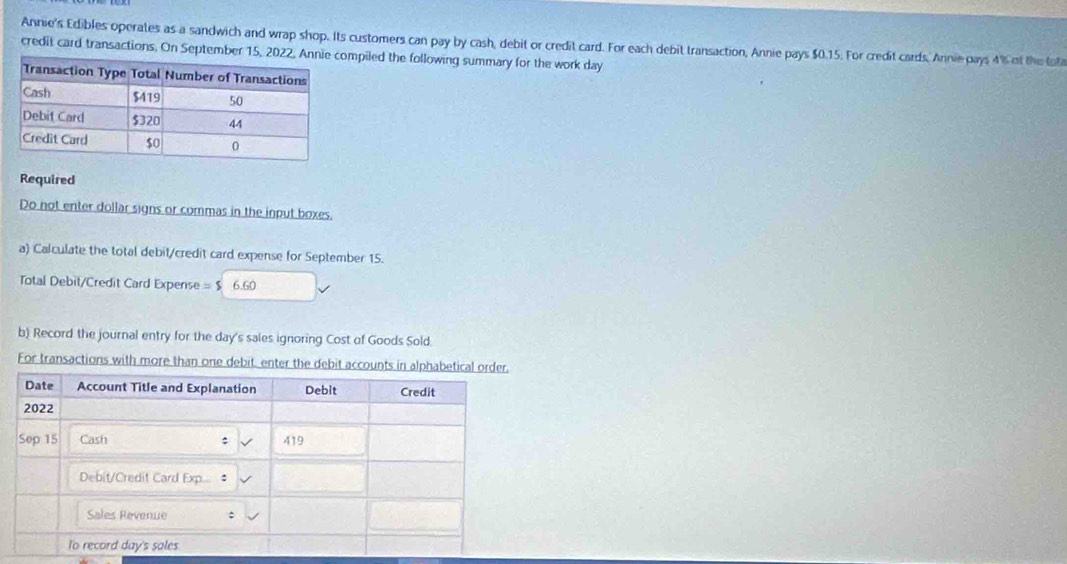 Annie's Edibles operates as a sandwich and wrap shop. Its customers can pay by cash, debit or credit card. For each debit transaction, Annie pays $0.15. For credit cards. Annie pays 4% ot the lofa 
credit card transactions. On September mpiled the following summary for the work day 
Required 
Do not enter dollar signs or commas in the input boxes. 
a) Calculate the total debit/credit card expense for September 15. 
Total Debit/Credit Card Expens e=$6.60
b) Record the journal entry for the day's sales ignoring Cost of Goods Sold. 
For transactions with more than one debit, enter the debit accounts in al