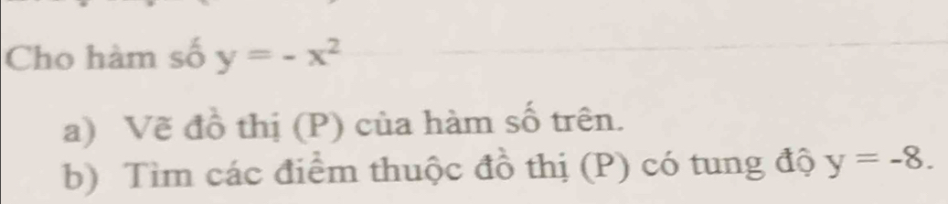 Cho hàm số y=-x^2
a) Vẽ đồ thị (P) của hàm số trên. 
b) Tìm các điểm thuộc đồ thị (P) có tung độ y=-8.