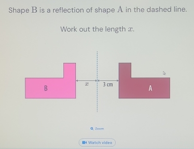 Shape B is a reflection of shape A in the dashed line. 
Work out the length x. 
Qzoom 
1 Wätch víden