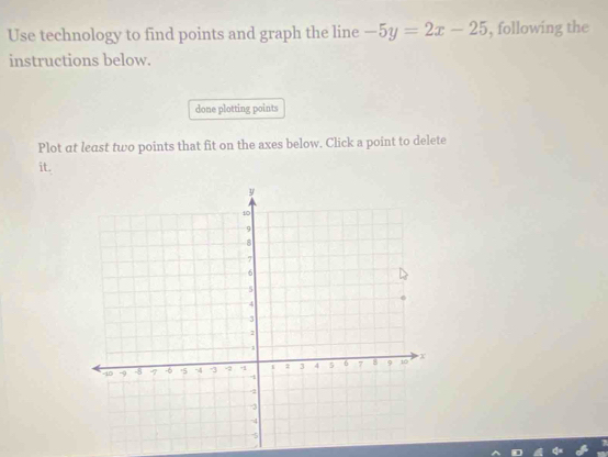 Use technology to find points and graph the line -5y=2x-25 , following the 
instructions below. 
done plotting points 
Plot at least two points that fit on the axes below. Click a point to delete 
it.