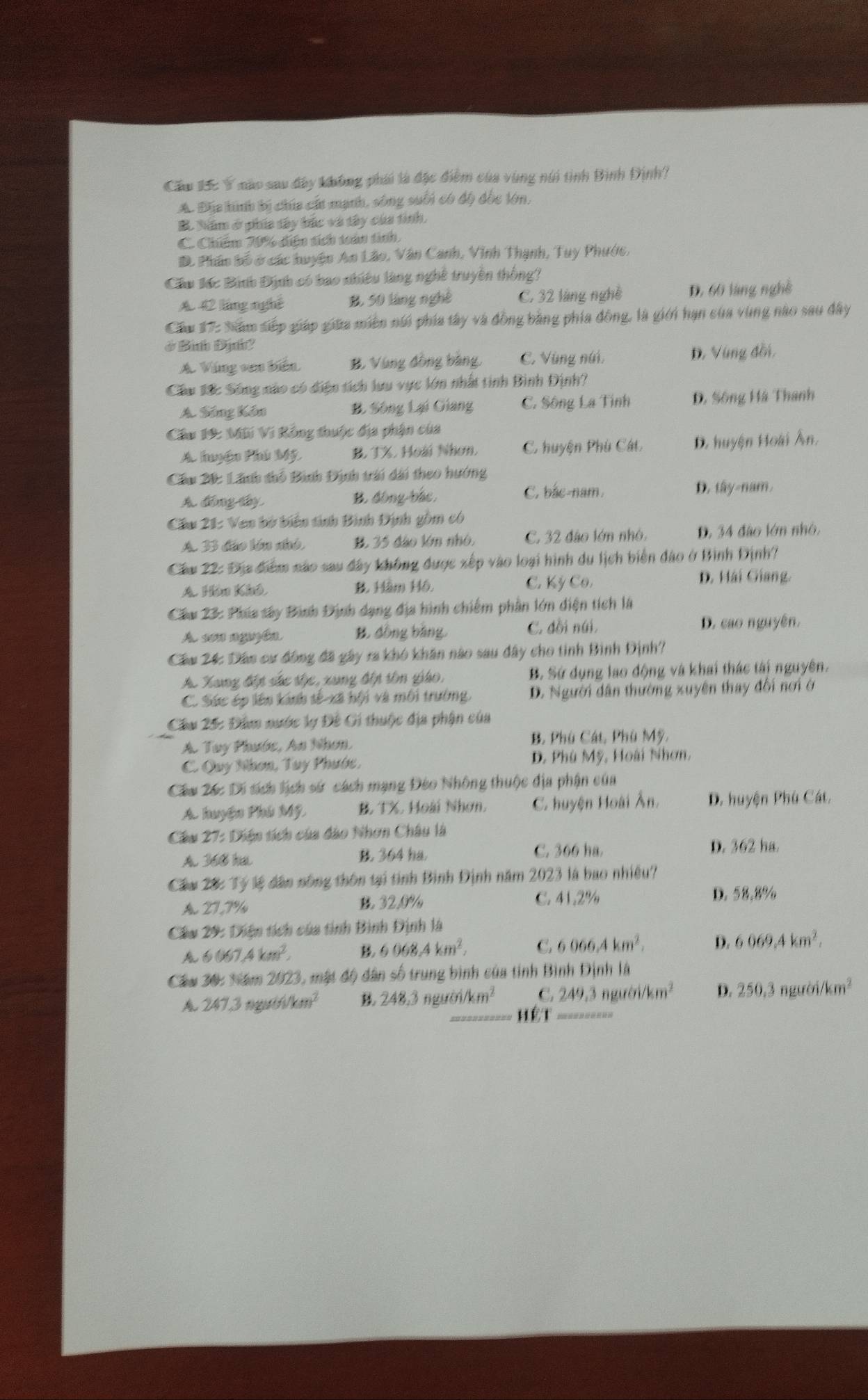 Cầu 13: Ý nào sau đây không phái là đặc điểm của vùng núi tinh Bình Định?
A. Địa hình bị chúa cất mạnh, sông suối có độ đốc lớn,
B. Năm ở phía tây bắc và tây của tính.
C. Chiếm 70% diện tích toán tính
D. Pháo bố ở các huyện Ao Lão, Vân Canh, Vinh Thạnh, Tuy Phước,
Cầu 16c Bình Định có bao nhiều làng nghề truyền thông?
A. 42 láng nghệ B. 50 làng nghề C. 32 làng nghề D. 60 làng nghề
Cầu 17: năm siếp giáp giữa miền núi phía tây và đồng bằng phía đông, là giới hạn của vùng nào sau đây
ở Bình Địh?
A. Vùng ven biển B. Vùng đồng bằng, C. Vùng núi, D. Vùng đồi,
Cầu 18: Sông nào có điện tích lưu vực lớn nhất tinh Bình Định?
A. Sông Kôn B. Sông Lại Giang C. Sông La Tinh D. Sông Hà Thanh
Cầu 19: Mũi Vi Rồng thuộc địa phận của
A huệc Phú Mỹ B. TX. Hoài Nhơn. C. huyện Phú Cát. D. huyện Hoài Ân.
Cầu 20: Lãnh thổ Bình Định trái dài theo hướng
A. đồng tây B. đôngbắc, C. bắc-nam D. tây-nam.
Cầu 21: Ven bờ biển tính Bình Định gồm có
A. 33 đảo lớn nhó B. 35 đào lớn nhỏ. C. 32 đào lớn nhỏ. D. 34 đào lớn nhỏ.
Cầm 22: Địa điểm não sau đây không được xếp vào loại hình du lịch biên đảo ở Bình Định?
A. Hòo Khô, B. Hàm Hộ C. Kỷ Co,
D. Hải Giang.
Cầu 23: Phía tây Bình Định dạng địa hình chiếm phần lớn diện tích là
A sơn nguyên B. đồng bằng, C. đồi núi. D. cao nguyên.
Cầm 24: Dân cư đồng đã gây ra khó khân nào sau đây cho tinh Bình Định?
A. Xang đột sắe thc, xung độp tôn giáo, B. Sứ dụng lao động và khai thác tài nguyên.
C. Sức ép lên kánh tế-xã hội và môi trường, D. Người dân thường xuyên thay đối nơi ở
Câu 25: Đầm nước lý Đê Gi thuộc địa phận của
A. Tuy Phước, An Nhon. B. Phù Cát, Phù Mỹ.
C. Ouy Nhơn, Tuy Phước,  D. Phú Mỹ, Hoài Nhơn,
Cáu 26: Di tích lịch sử cách mạng Đo Nhông thuộc địa phận của
A huyện Phú Mỹ B TX. Hoài Nhơn. C. huyện Hoài Ân. D. huyện Phù Cát.
Cầu 27: Diện tích của đào Nhơn Châu là
A. 368 ha  364 ha C. 366 ha.
D. 362 ha.
Cầu 2&c Tý lý dân nông thôn tại tình Bình Định năm 2023 là bao nhiều?
A 27,7%  32.0% C. 41.2% D. 58.8%
Cầu 29: Diện tích của tinh Bình Định là
6067,4km^2, B. 6068,4km^2, C. 6066,4km^2, D. 6069.4km^2.
Cầu 30: Năm 2023, mật độ dân số trung bình của tỉnh Bình Định là
A. 247.3 ng m^4/km^2 B 248,3 người/ 1km^2 C. 249.3 n g rai/km^2 D. 250, 3 người. /km^2
HếT ========