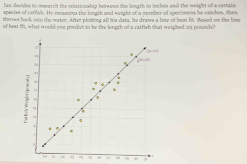 Ian decides to research the relationship between the length in inches and the weight of a certain 
species of catfish. He measures the length and weight of a number of specimens he catches, then 
throws back into the water. After plotting all his data, he draws a line of best fit. Based on the line 
of best fit, what would you predict to be the length of a catfish that weighed 29 pounds? 
。 (31,2°)
(30,23)
23
。
21
。
19
。
0
1
。
15
。
5 u
33
。 
。
9
o 
。
7
5
20 21 22 23 24 # 3 26 27 28 N 30 30