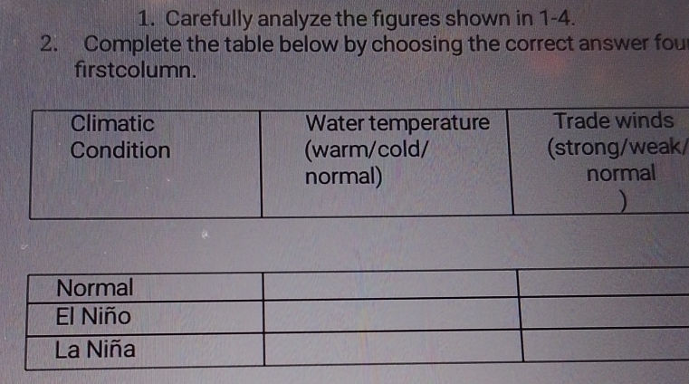 Carefully analyze the figures shown in 1-4. 
2. Complete the table below by choosing the correct answer fou 
firstcolumn. 
/