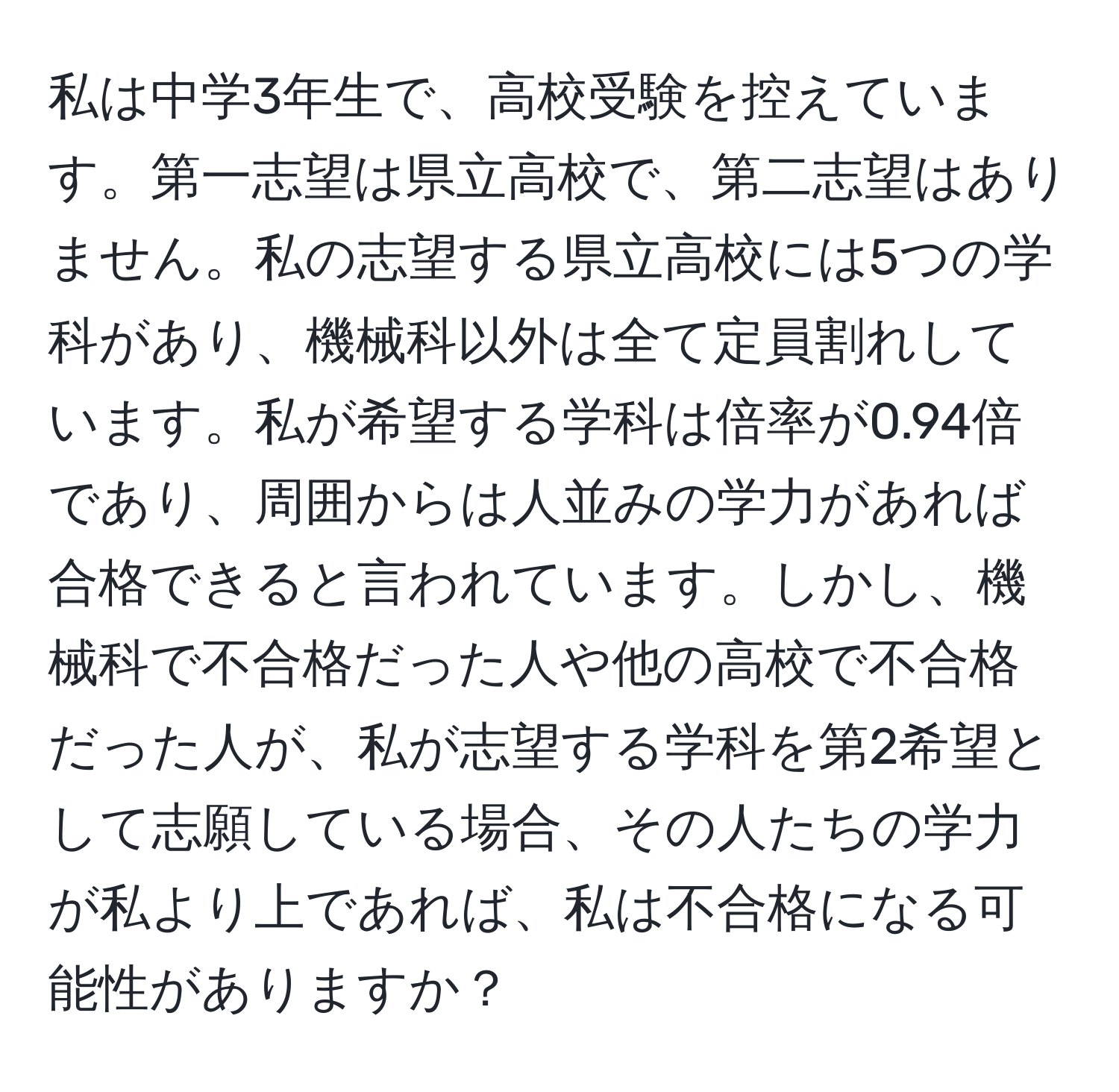 私は中学3年生で、高校受験を控えています。第一志望は県立高校で、第二志望はありません。私の志望する県立高校には5つの学科があり、機械科以外は全て定員割れしています。私が希望する学科は倍率が0.94倍であり、周囲からは人並みの学力があれば合格できると言われています。しかし、機械科で不合格だった人や他の高校で不合格だった人が、私が志望する学科を第2希望として志願している場合、その人たちの学力が私より上であれば、私は不合格になる可能性がありますか？