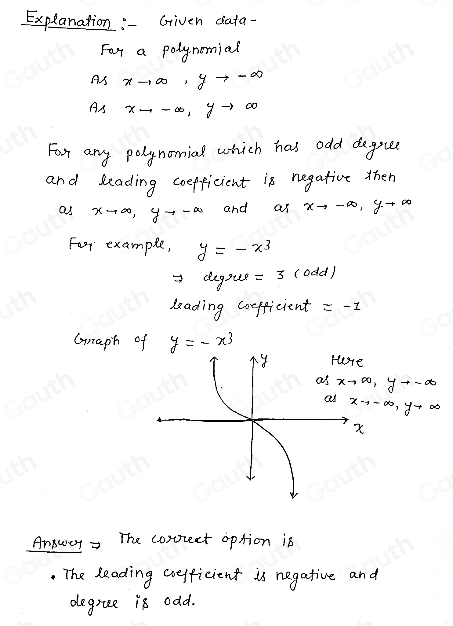 Explanation :-Griven data- 
For a polynomial 
As xto ∈fty , yto -∈fty
As xto -∈fty , yto ∈fty
For any polynomial which has odd deguee 
and leading coefficient is negative then 
as xto ∈fty , yto -∈fty and as xto -∈fty , yto ∈fty
Fo example, y=-x^3
degsue =3 (odd ) 
leading coefficient =-1
Gnaph of y=-x^3
xto ∈fty , yto -∈fty
xto -∈fty , yto ∈fty
AnBwer = The cosrect option is 
The leading coefficient is negative and 
degree is odd.