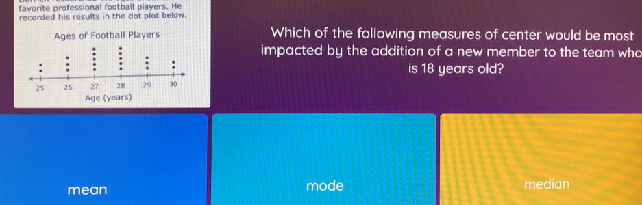 favorite professional football players. He
recorded his results in the dot plot below.
Ages of Football Players Which of the following measures of center would be most
impacted by the addition of a new member to the team who
is 18 years old?
Age (years)
mean mode median