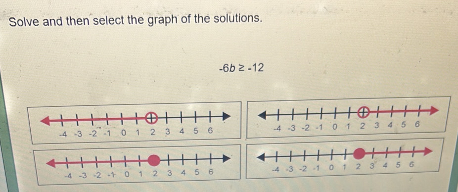 Solve and then select the graph of the solutions.
-6b≥ -12