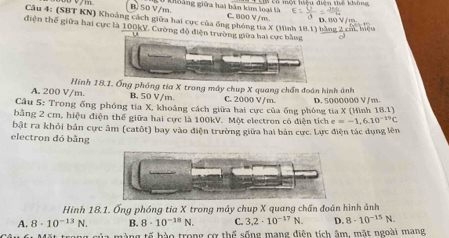 B. 50 V/m. L0 khoàng giữa hai bản kim loại là Cha có môi nện điên tc kw
Cầu 4: (SBT KN) Khoảng cách giữa hai cực của ống phóng tia X (Hình 18.1) h C. 800 V /m
điện thế giữa hai cực là 100kV. Cường đỗ đi
A. 200 V/m Hinh 18.1. Ống phóng tía X trong máy chup X quang chấn đoán hình ảnh
B. 50 V/m. C. 2000 V/m.
Câu 5: Trong ống phóng tía X, khoảng cách giữa hai cực của ống phóng tia X (Hình 18.1 D. 5000000 V/m.
.3) 
bằng 2 cm, hiệu điện thế giữa hai cực là 100kV. Một electron có điện tích e =-1.6.10^(-17)C
bật ra khỏi bản cực âm (catôt) bay vào điện trường giữa hai bản cực. Lực điện tác dụng lên
electron đó bằng
Hình 18.1. Ống phóng tia X trong máy chup X quang chấn đoán hình ảnh
A. 8· 10^(-13)N. B. 8· 10^(-15)N. C. 3,2· 10^(-17)N. D. 8· 10^(-15)N. 
tế bào trong cơ thể sống mạng diện tích âm, mặt ngoài mang