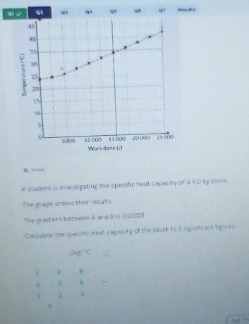 qi√ Q2 Q Q4 Q7
45
40
35
ξ 30
A
25
20
15
10
5
0 5000 10000 15000 20 000 25 000
Work done Lil 
Enom 
A student is investigating the specific heat capacity of a 4.0 kg block 
The graph shows their results 
The pradient between A and B is 00008
Calculate the specific heat capacity of the block to 2 significant figures
J/kg/ C
7 6 9
4 5 G
i 2 B
。