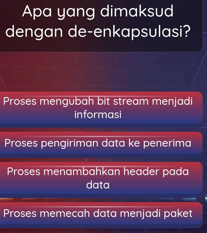 Apa yang dimaksud
dengan de-enkapsulasi?
Proses mengubah bit stream menjadi
informasi
Proses pengiriman data ke penerima
Proses menambahkan header pada
data
Proses memecah data menjadi paket