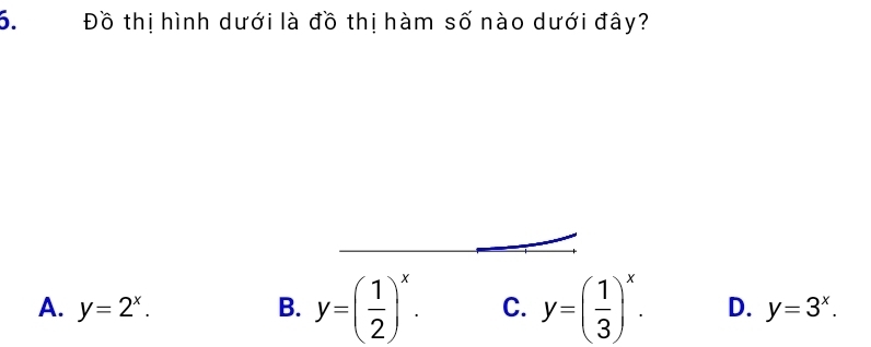 Đồ thị hình dưới là đồ thị hàm số nào dưới đây?
A. y=2^x. B. y=( 1/2 )^x. C. y=( 1/3 )^x. D. y=3^x.