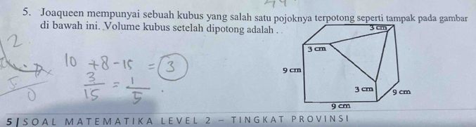 Joaqueen mempunyai sebuah kubus yang salah satu pojoknya terpotong seperti tampak pada gambar 
di bawah ini. Volume kubus setelah dipotong adalah 
5 | SO A L M A T E M A TI K A L EV E L 2 - T I N G K A T P ROV IN S I