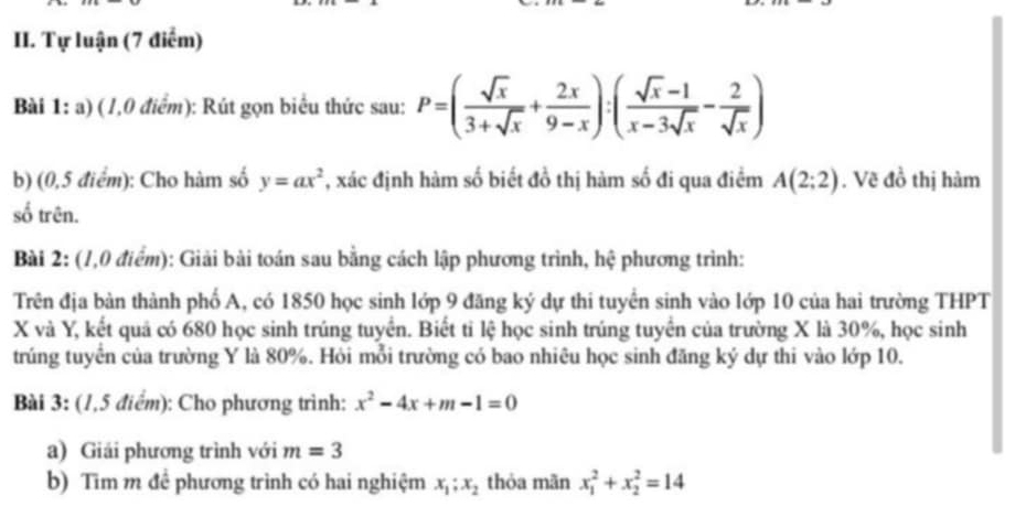 Tự luận (7 điểm) 
Bài 1: a) (1,0 điểm): Rút gọn biểu thức sau: P=( sqrt(x)/3+sqrt(x) + 2x/9-x ):( (sqrt(x)-1)/x-3sqrt(x) - 2/sqrt(x) )
b) (0,5 điểm): Cho hàm số y=ax^2 , xác định hàm số biết đồ thị hàm số đi qua điểm A(2;2). Vẽ đồ thị hàm 
số trên. 
Bài 2: (1,0 điểm): Giải bài toán sau bằng cách lập phương trình, hệ phương trình: 
Trên địa bàn thành phố A, có 1850 học sinh lớp 9 đăng ký dự thi tuyển sinh vào lớp 10 của hai trường THPT
X và Y, kết quả có 680 học sinh trúng tuyển. Biết tỉ lệ học sinh trúng tuyển của trường X là 30%, học sinh 
trúng tuyển của trường Y là 80%. Hỏi mỗi trường có bao nhiêu học sinh đăng ký dự thi vào lớp 10. 
Bài 3: (1,5 điểm): Cho phương trình: x^2-4x+m-1=0
a) Giải phương trình với m=3
b) Tìm m đề phương trình có hai nghiệm x_1; x_2 thỏa mãn x_1^2+x_2^2=14