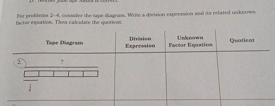 '' Neier  June lpF Sasha 14 2offee'
For problems 2-4, consider the tape diagram. Write a division expression and its related unknown
factor equation. Then calculate the quotient.