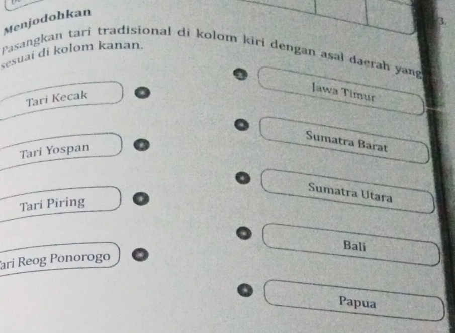 Menjodohkan
3.
Pasangkan tari tradisional di kolom kiri dengan asal dacrah yang
sesuai di kolom kanan.
Tari Kecak
Jawa Timur
Sumatra Barat
Tari Yospan
Sumatra Utara
Tari Piring
Bali
ari Reog Ponorogo
Papua