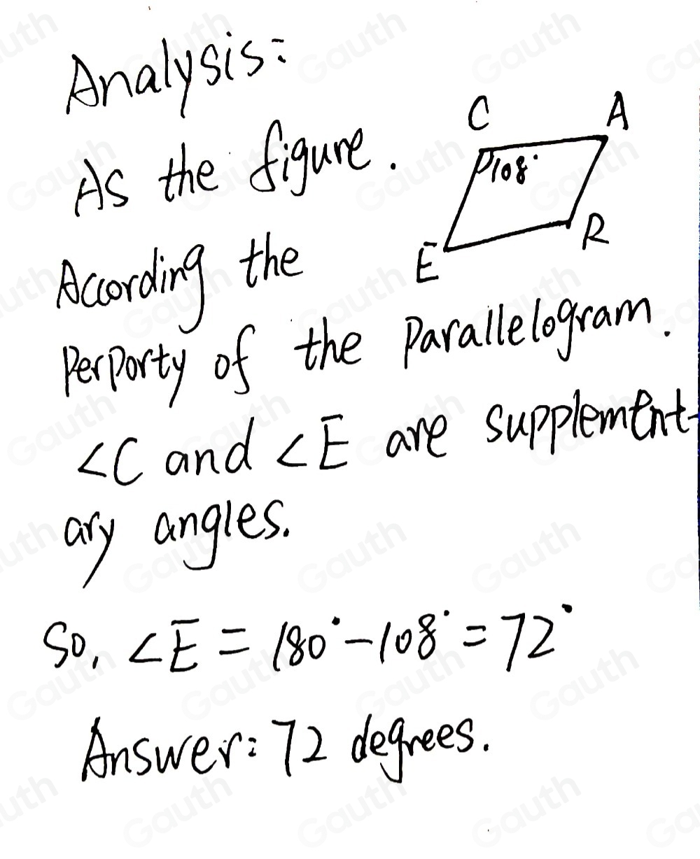 Analysis: 
As the figure. 
According the 
perporty of the Parallelogram.
∠ C and ∠ E are supplement, 
ary angles. 
S0_1 ∠ E=180°-108°=72°
Answer: T2 degrees.