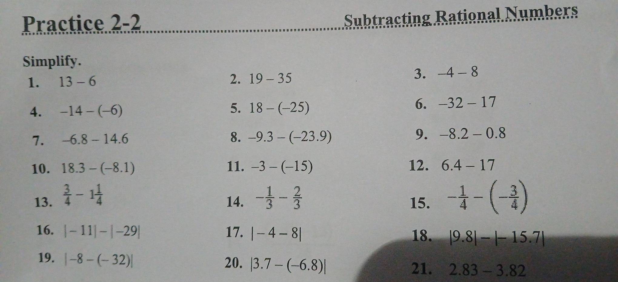 Practice 2-2 
Subtracting Rational Numbers 
Simplify. 
1. 13-6 3. -4-8
2. 19-35
4. -14-(-6)
5. 18-(-25)
6. -32-17
8. 
7. -6.8-14.6 -9.3-(-23.9)
9. -8.2-0.8
10. 18.3-(-8.1) 11. -3-(-15) 12. 6.4-17
13.  3/4 -1 1/4  - 1/3 - 2/3  - 1/4 -(- 3/4 )
14. 15. 
16. |-11|-|-29| 17. |-4-8|
18. |9.8|-|-15.7|
19. |-8-(-32)|
20. |3.7-(-6.8)|
21. 2.83-3.82