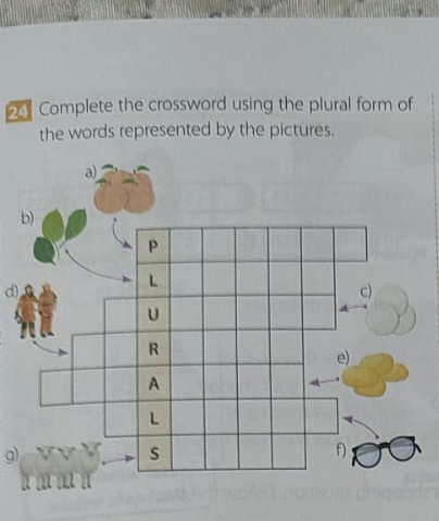 Complete the crossword using the plural form of 
the words represented by the pictures. 
d) 
9)