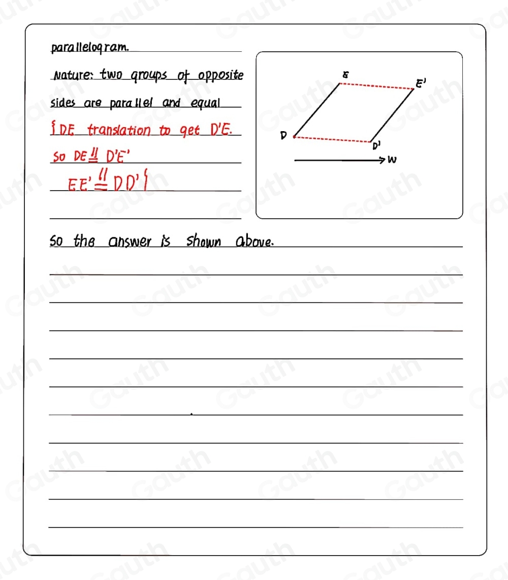 Solved: Translate segment DE by directed line segment w. Label the new ...